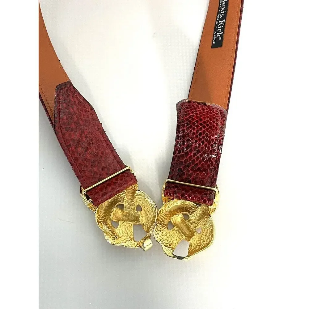 Adjustable Vintage ALEXIS KIRK 80s Red Reptile Gold Love Knot Buckle Belt Signed